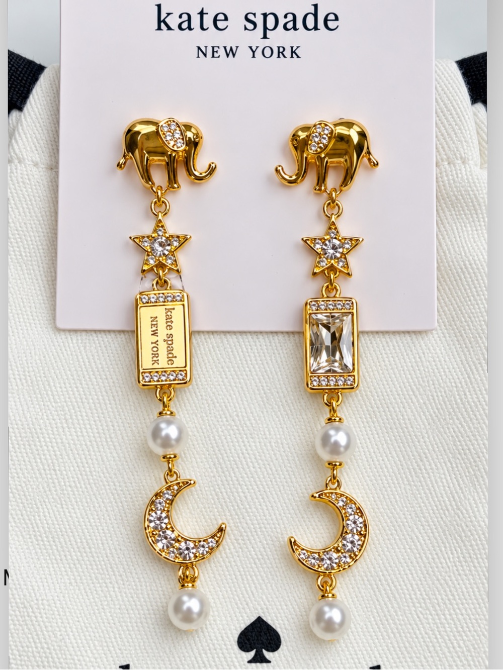 kate spade Gold-tone Elephant Drop Earrings with Crystals, Pearls & Moon Charms